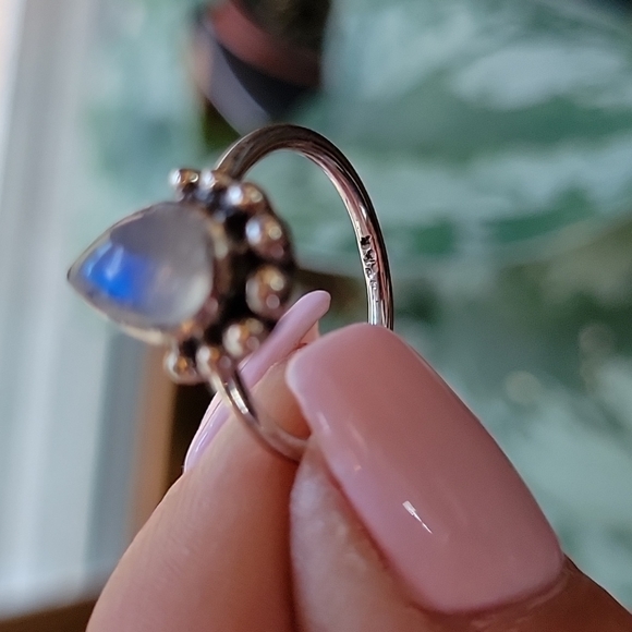 RAINBOW Moonstone Beaded Teardrop Ring, 925 Sterling Silver - Picture 7 of 8